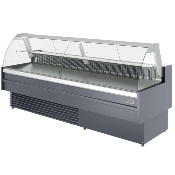 Coldline SDC98 — 102" Refrigerated Curved Glass Meat Deli Case with Rear Storage