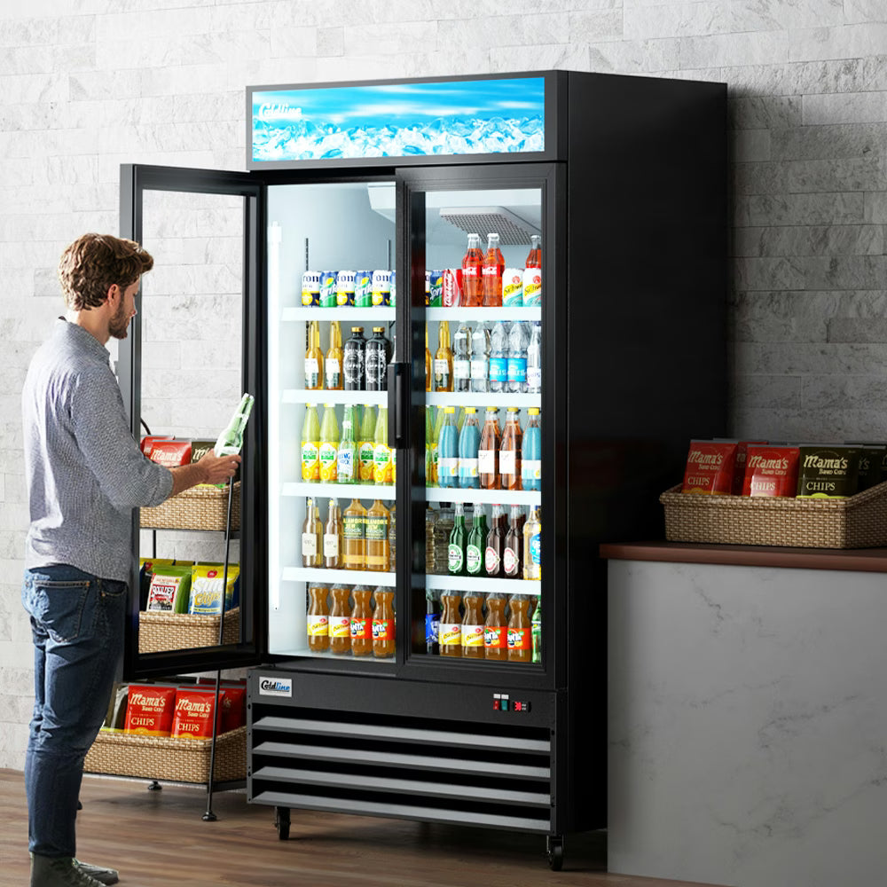 Coldline G48-B — 48" Double Glass Swing Door Merchandiser Refrigerator, Black