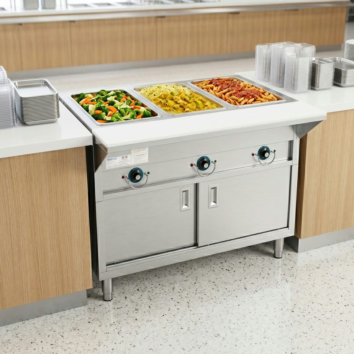 Prepline ESTC48-3S — 48" Three Pan Sealed Well Electric Hot Food Steam Table with Enclosed Base and Sliding Doors, 120V, 1500W