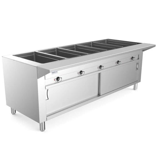 Prepline ESTC74-5O — 74" Five Pan Open Well Electric Hot Food Steam Table with Enclosed Base and Sliding Doors, 208/240V, 3700W