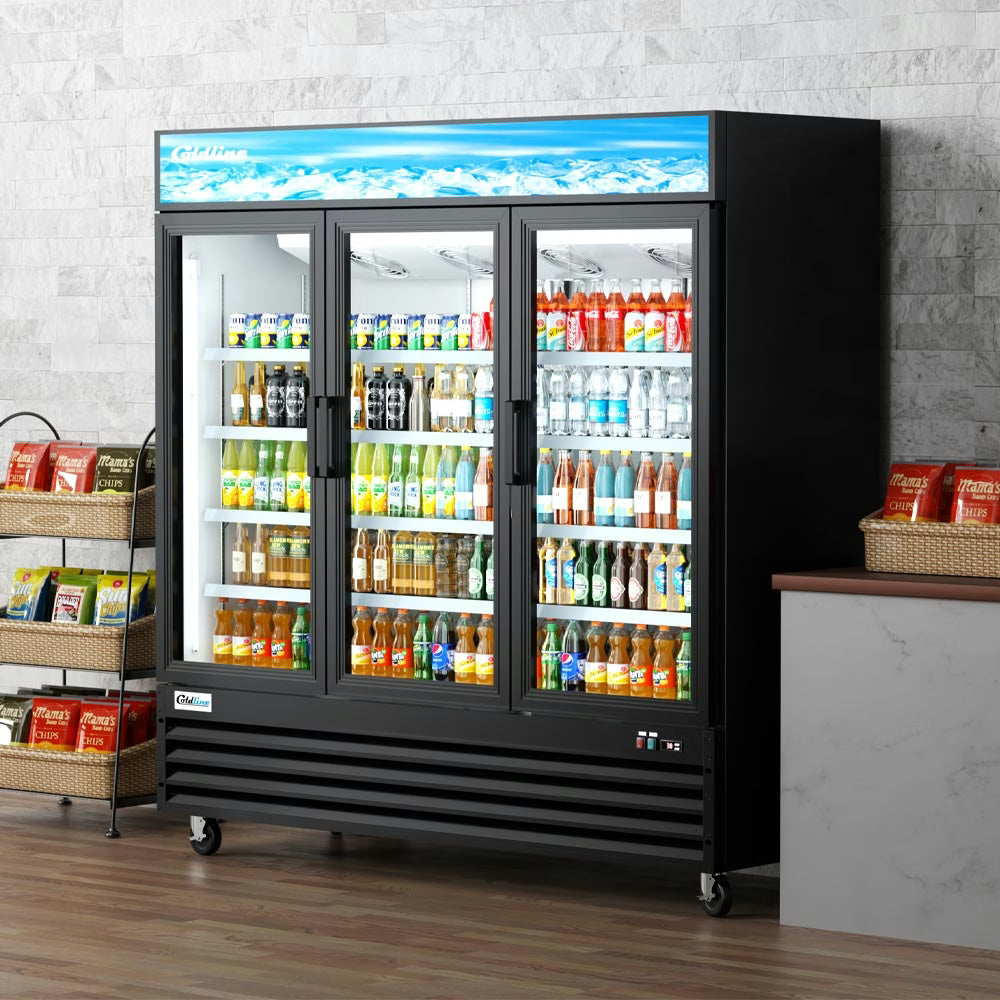 Coldline G80-B — 78" Three Glass Swing Door Merchandiser Refrigerator, Black