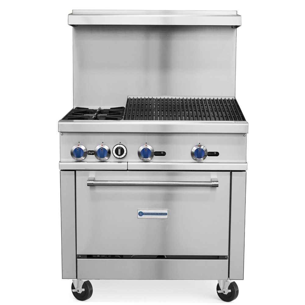 SR-R36-24CB-LP 36" Liquid Propane Commercial Range with Char-Broiler Top, 2 Burners, 1 Oven