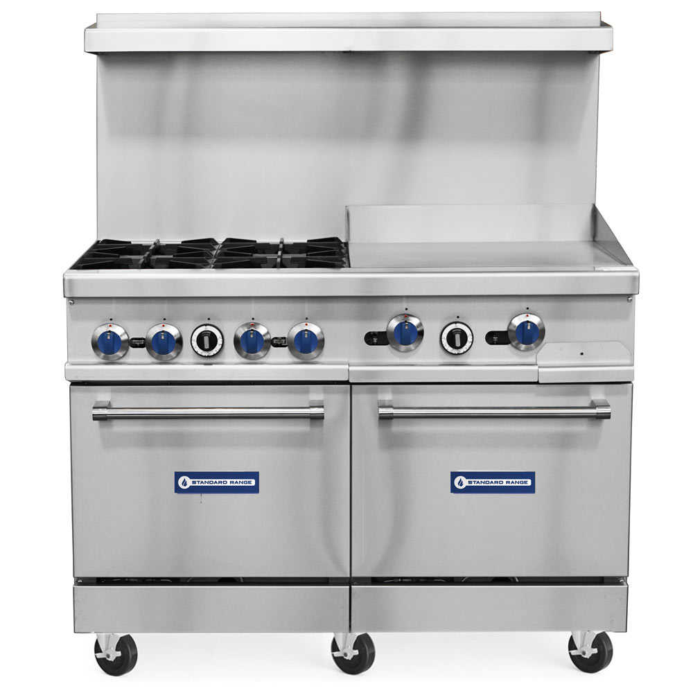 SR-R48-24MG-LP 48" Liquid Propane Commercial Range with 4 Burners, 24" Griddle Top, 2 Ovens