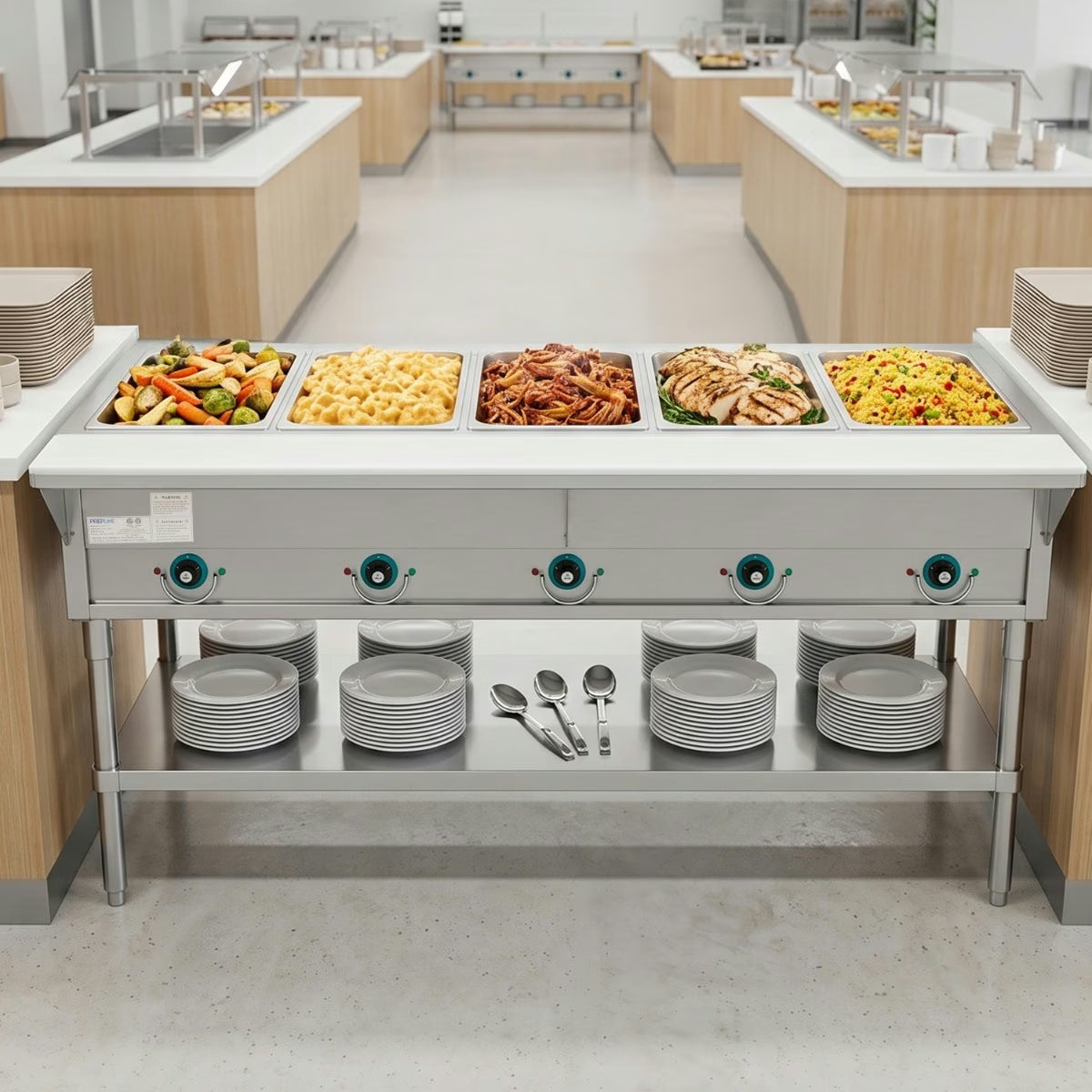 Prepline EST74-5O — 74" Five Pan Open Well Electric Hot Food Steam Table with Undershelf, 208/240V, 3700W