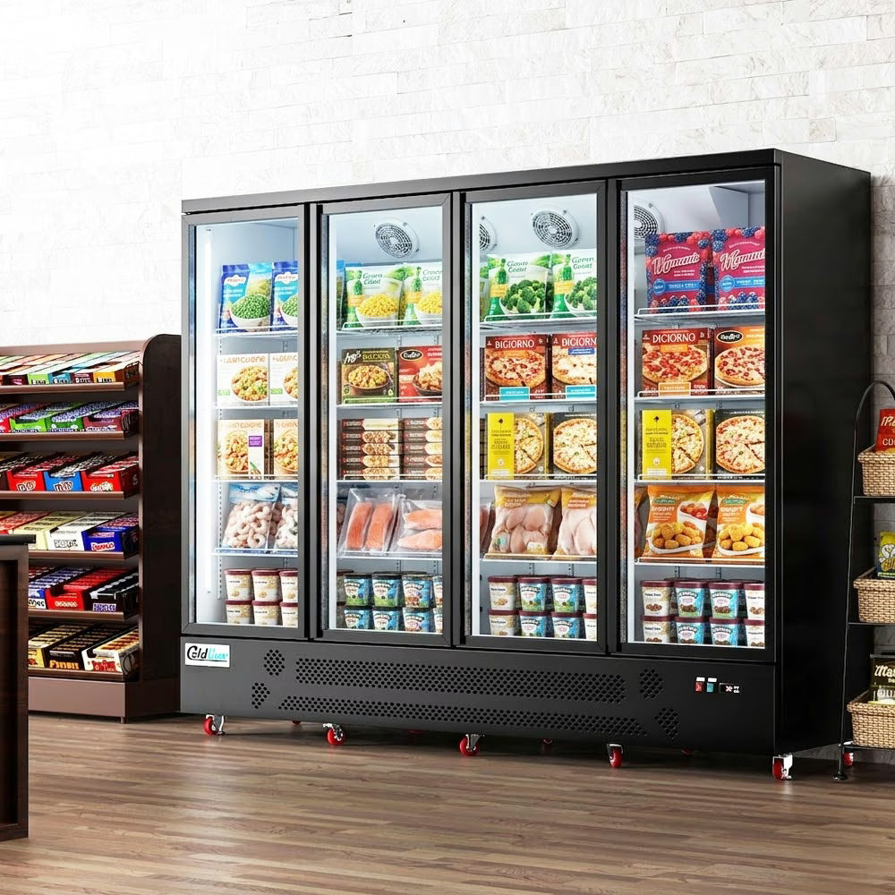Coldline D4-B — 98" Four Glass Door Merchandiser Freezer, Black