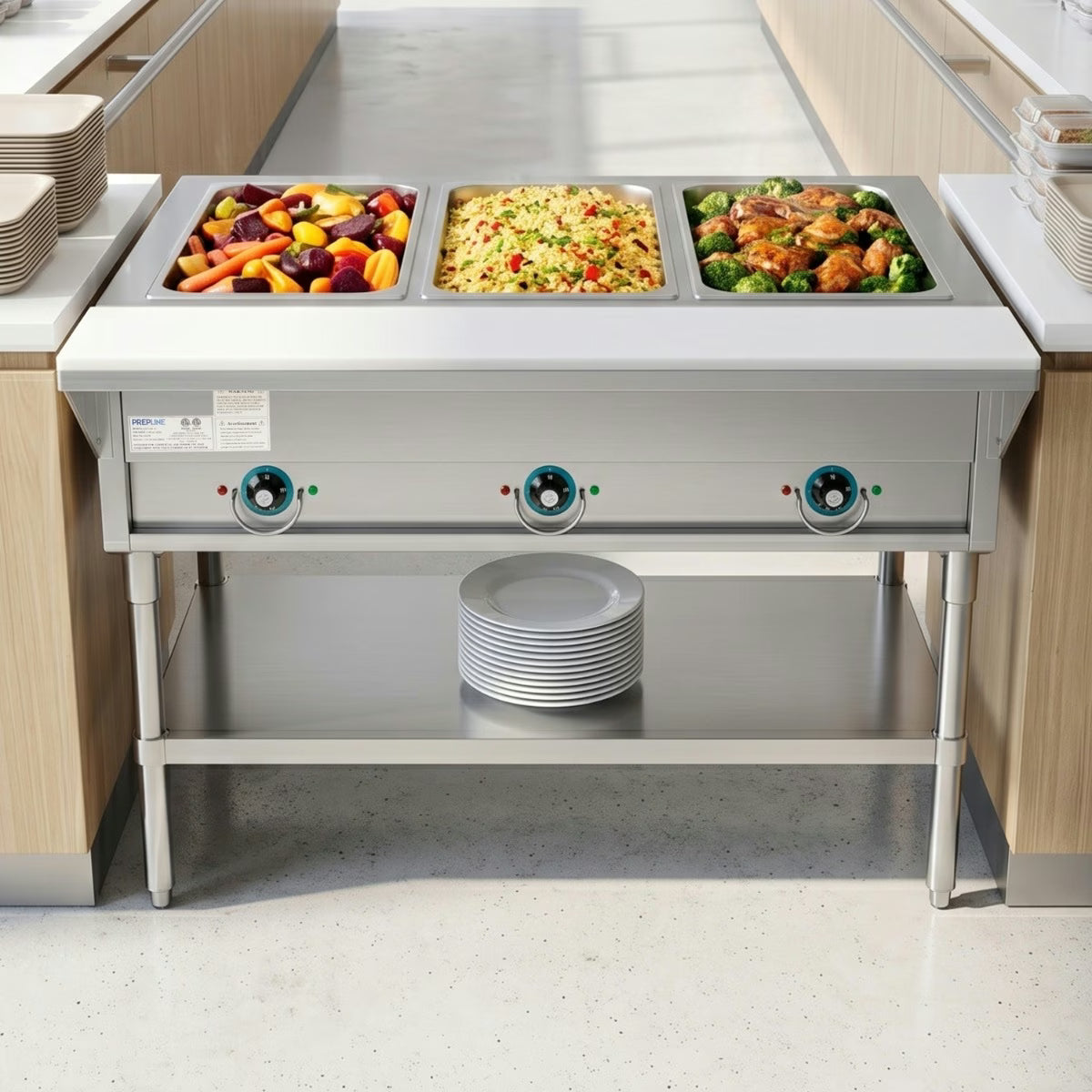 Prepline EST48-3O — 48" Three Pan Open Well Electric Hot Food Steam Table with Undershelf, 120V, 1500W