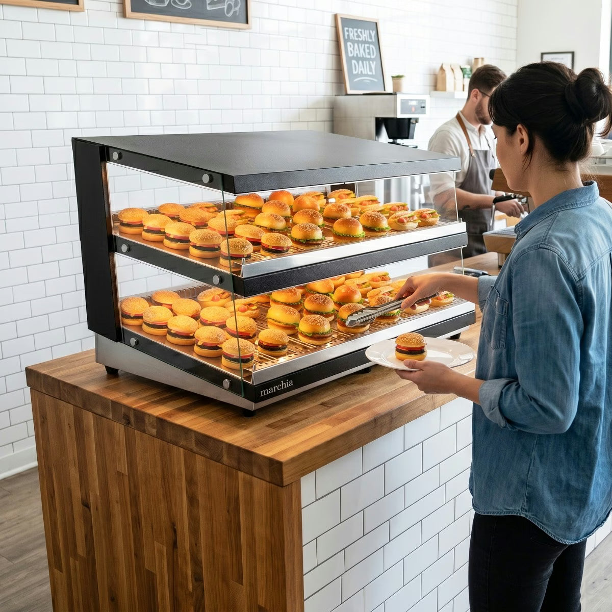 Marchia MHW138 — 50" Full-Service Slanted Countertop Heated Display Merchandiser, 2 Shelf