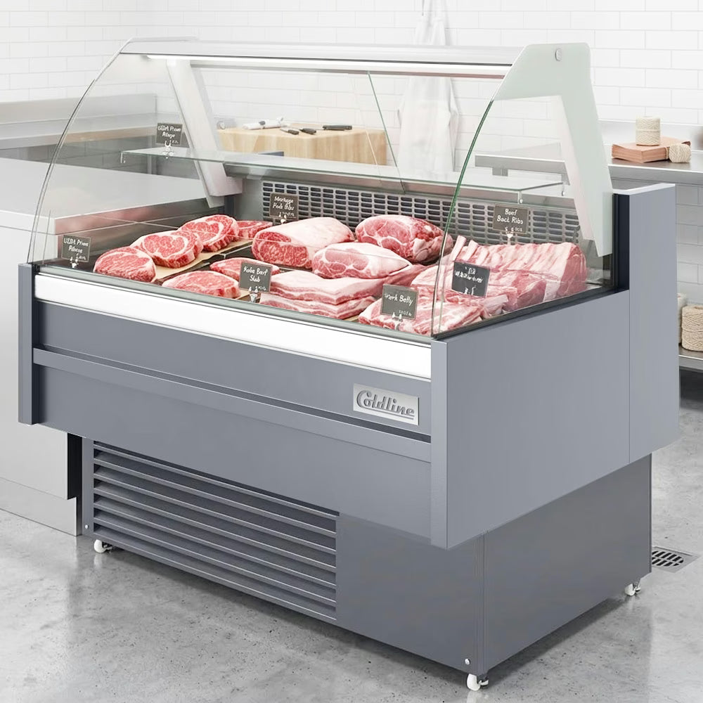 Coldline SDC48 — 48" Refrigerated Curved Glass Meat Deli Case with Rear Storage