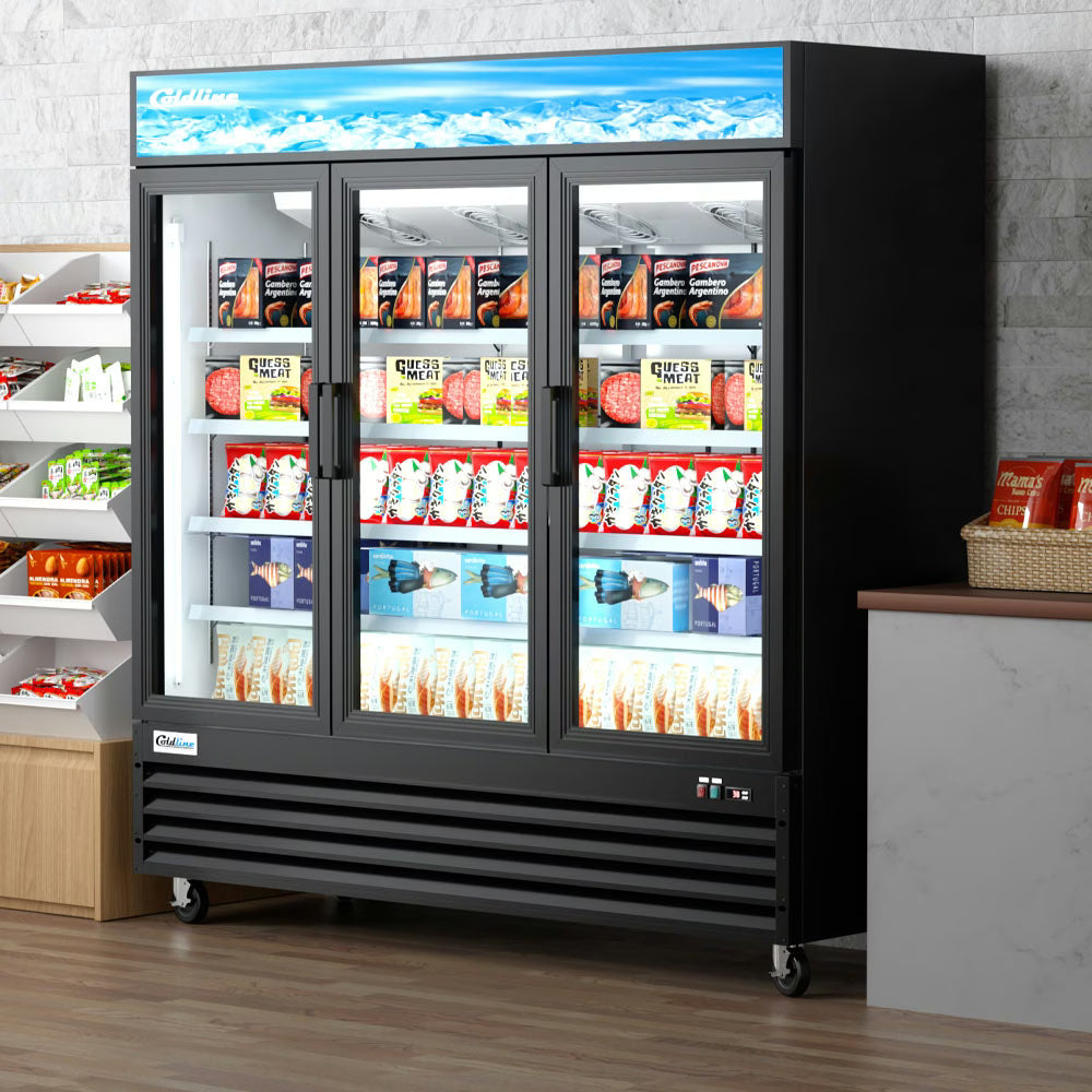 Coldline D80-B — 79" Three Glass Door Merchandiser Freezer, Black