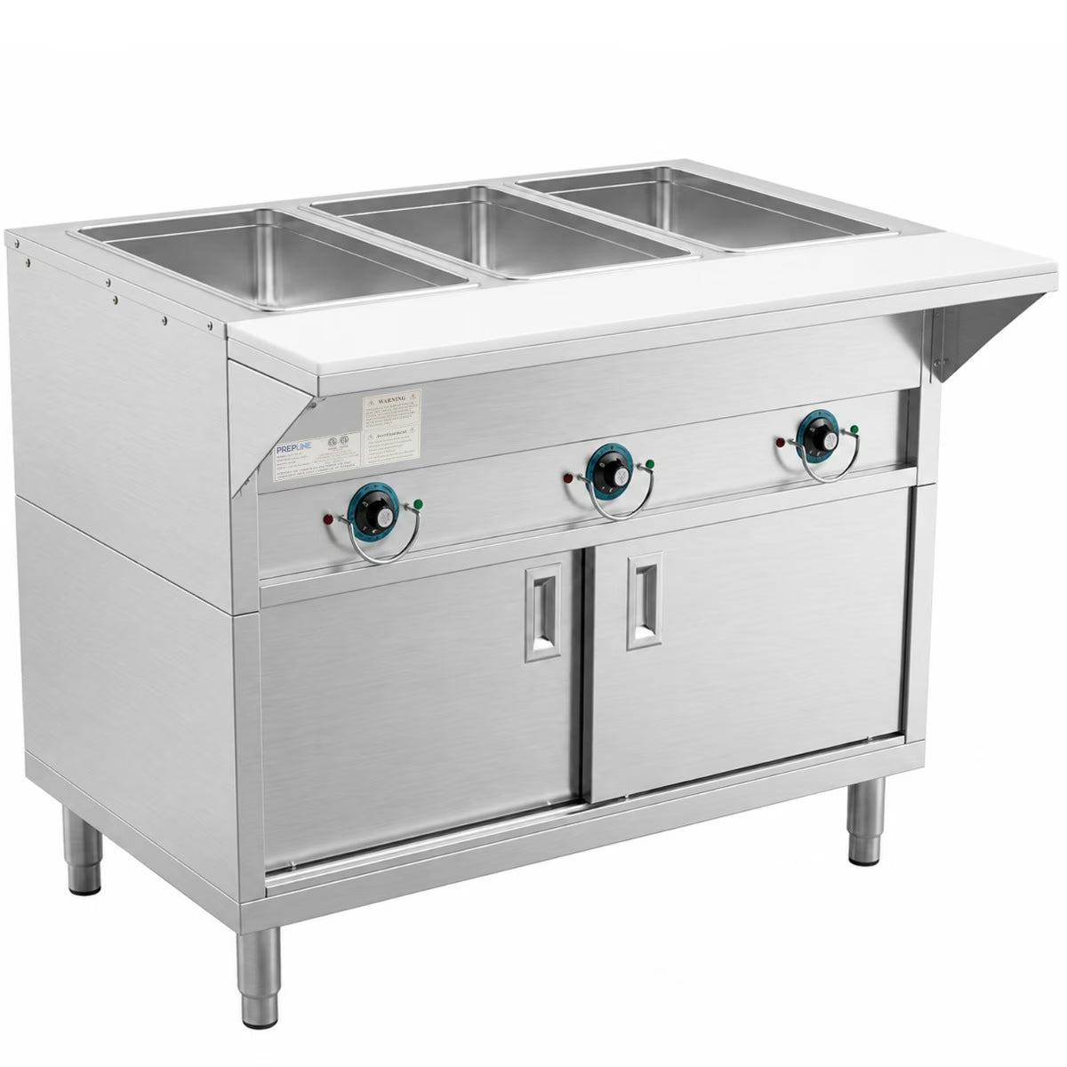Prepline ESTC48-3S — 48" Three Pan Sealed Well Electric Hot Food Steam Table with Enclosed Base and Sliding Doors, 120V, 1500W