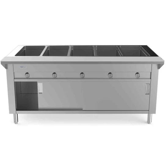 Prepline GSTC74-5S — 74" Five Pan Sealed Well Gas Hot Food Steam Table with Enclosed Base and Sliding Doors