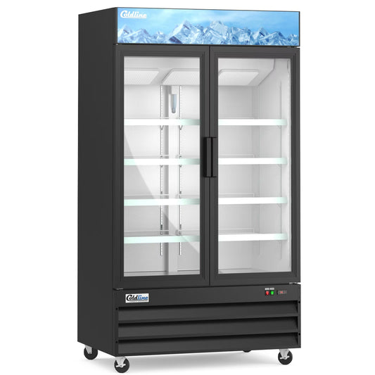 Coldline G48-B — 48" Double Glass Swing Door Merchandiser Refrigerator, Black