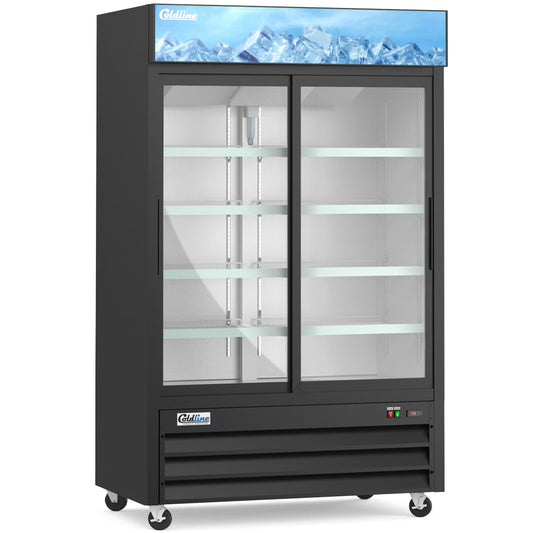 Coldline G53S-B — 53" Double Glass Sliding Door Merchandiser Refrigerator, Black