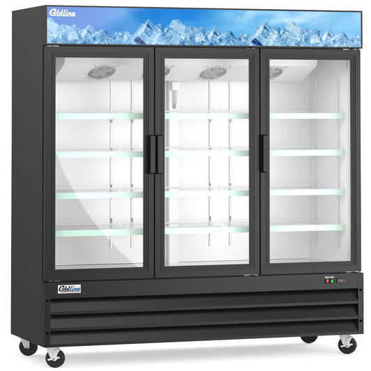 Coldline G80-B — 78" Three Glass Swing Door Merchandiser Refrigerator, Black