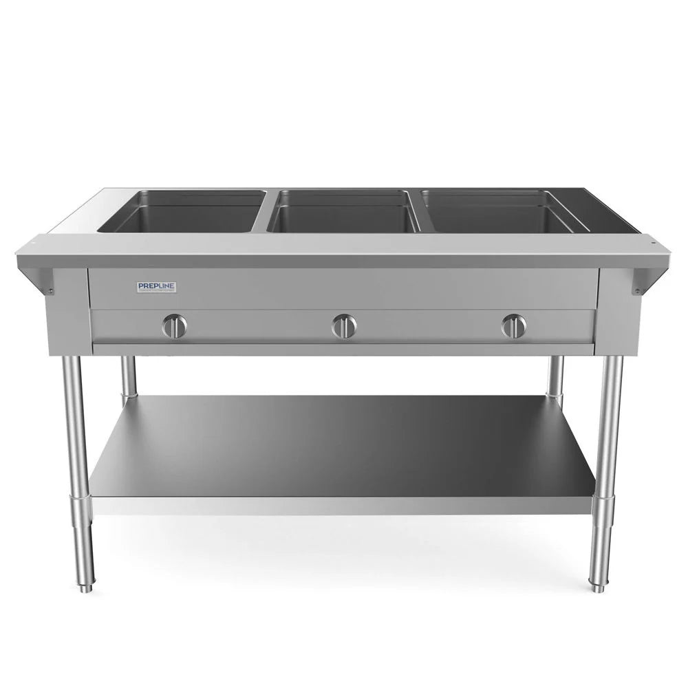 Prepline GST48-3O — 48" Three Pan Open Well Gas Hot Food Steam Table with Undershelf