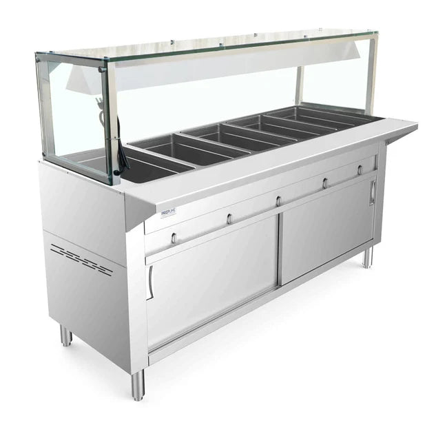 Prepline GSTC74-5S — 74" Five Pan Sealed Well Gas Hot Food Steam Table with Enclosed Base and Sliding Doors