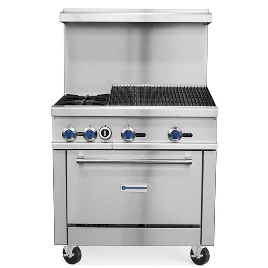 SR-R36-24CB-LP 36" Liquid Propane Commercial Range with Char-Broiler Top, 2 Burners, 1 Oven