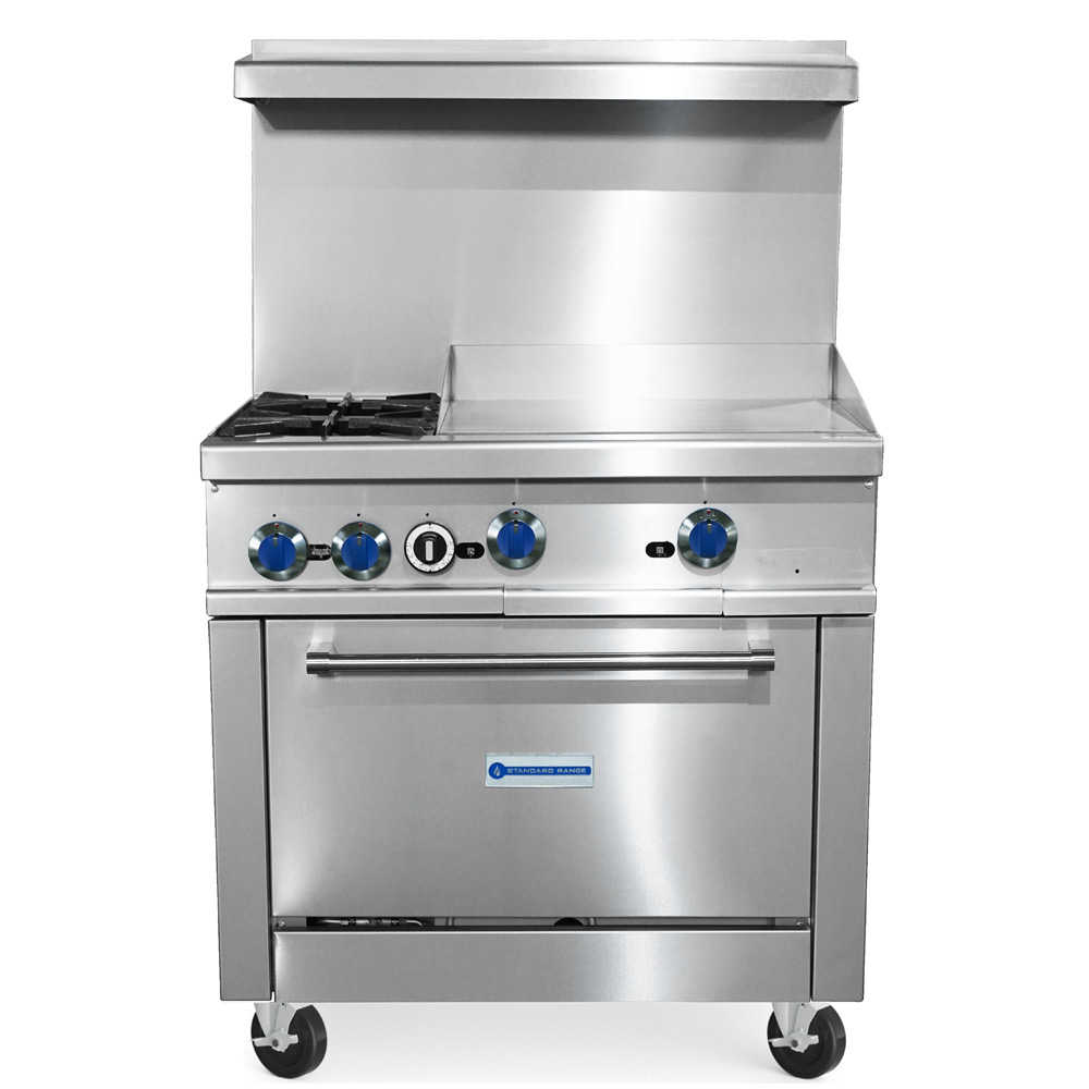 SR-R36-24MG-LP 36" Liquid Propane Commercial Range with 2 Burners, 24" Griddle Top, 1 Oven