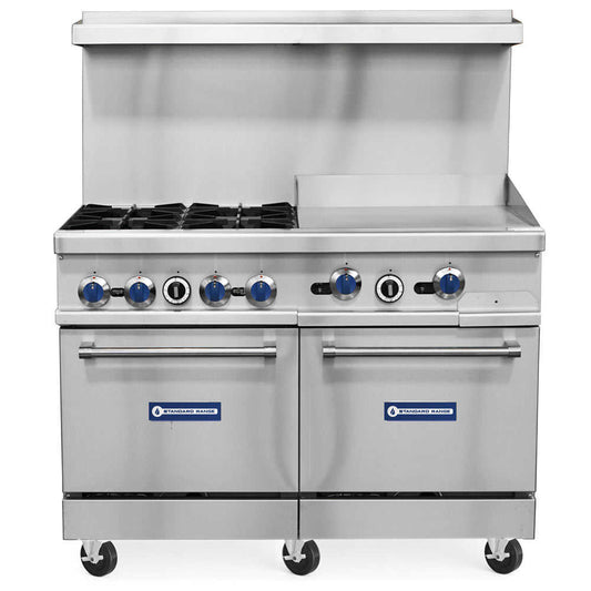 SR-R48-24MG-LP 48" Liquid Propane Commercial Range with 4 Burners, 24" Griddle Top, 2 Ovens