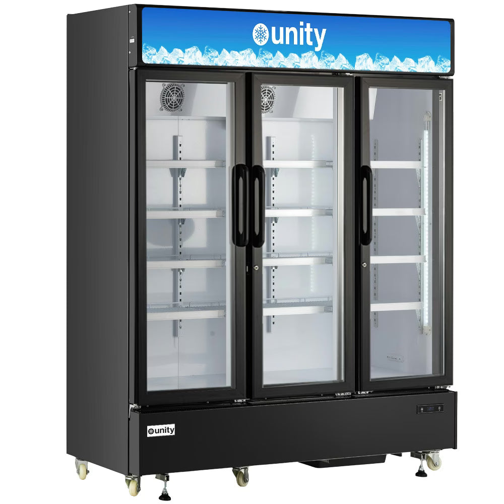 Unity U-72M — 71" Three Glass Door Merchandiser Refrigerator, Black
