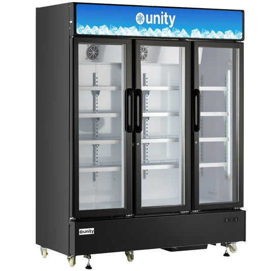 Unity U-72M — 71" Three Glass Door Merchandiser Refrigerator, Black