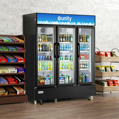 Unity U-72M — 71" Three Glass Door Merchandiser Refrigerator, Black
